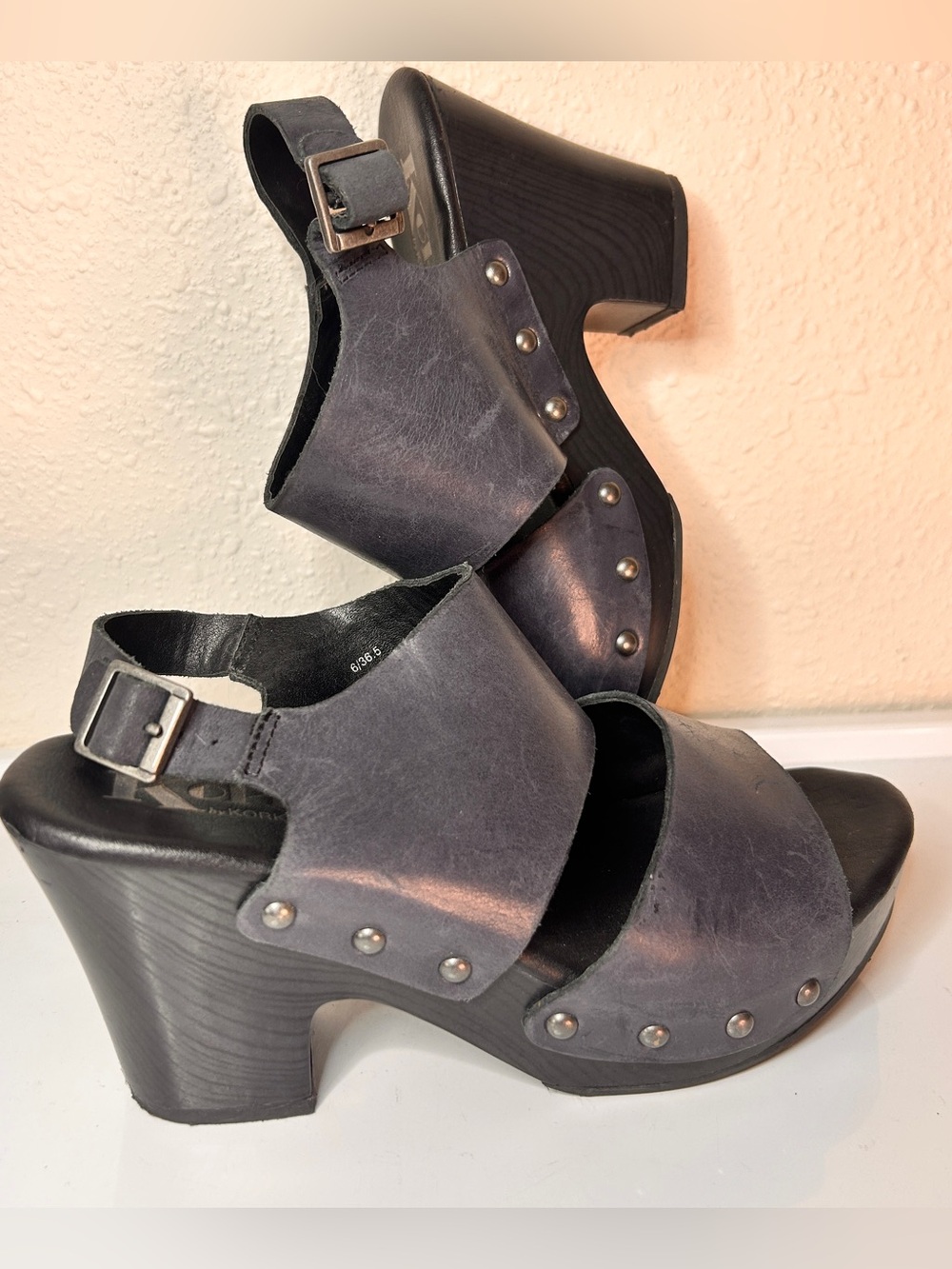 Kork-Ease Navy Leather Studded Platform Clog Sandals
